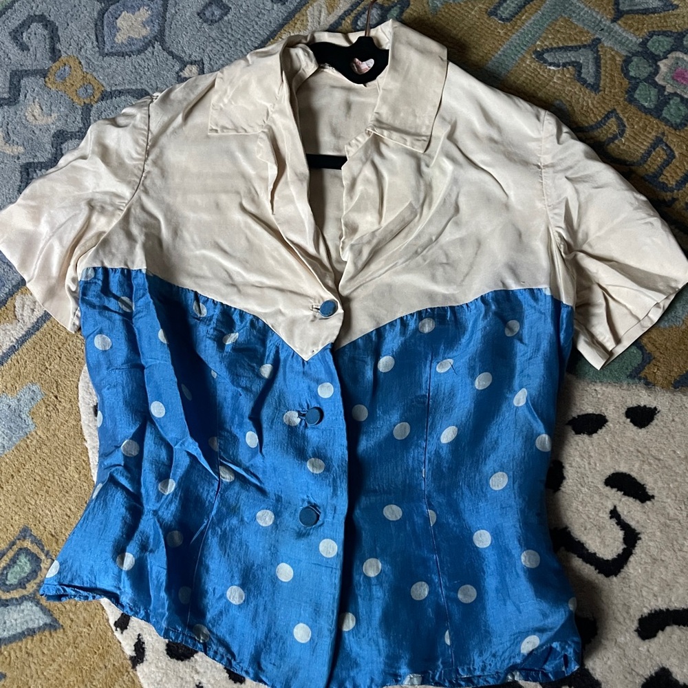 Blue and White Polka Dot Blouse